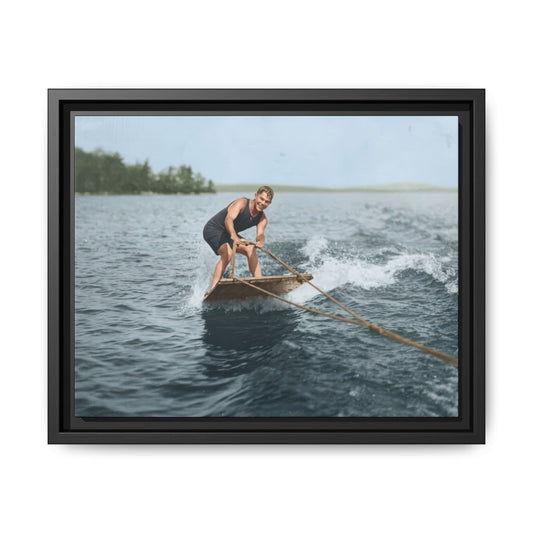man riding wooden board on water vintage photograph restored 
