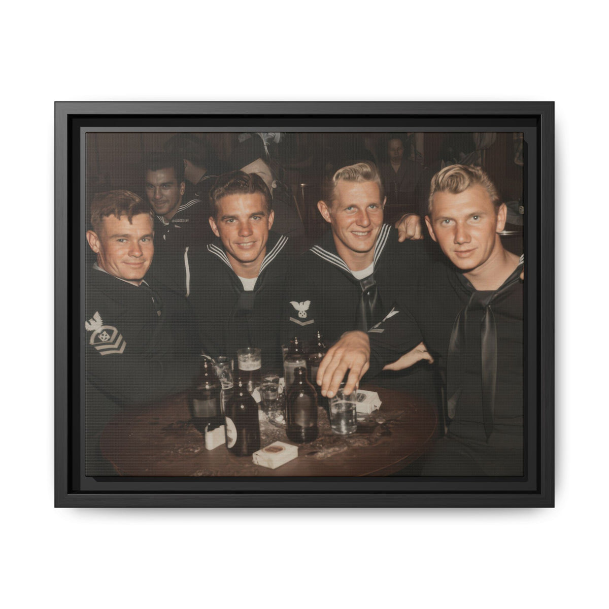Four sailors gather at a table in Hommes 007, a restored circa 1942–1945 photograph on framed matte canvas. Six horizontal sizes from Walt & Pete®.