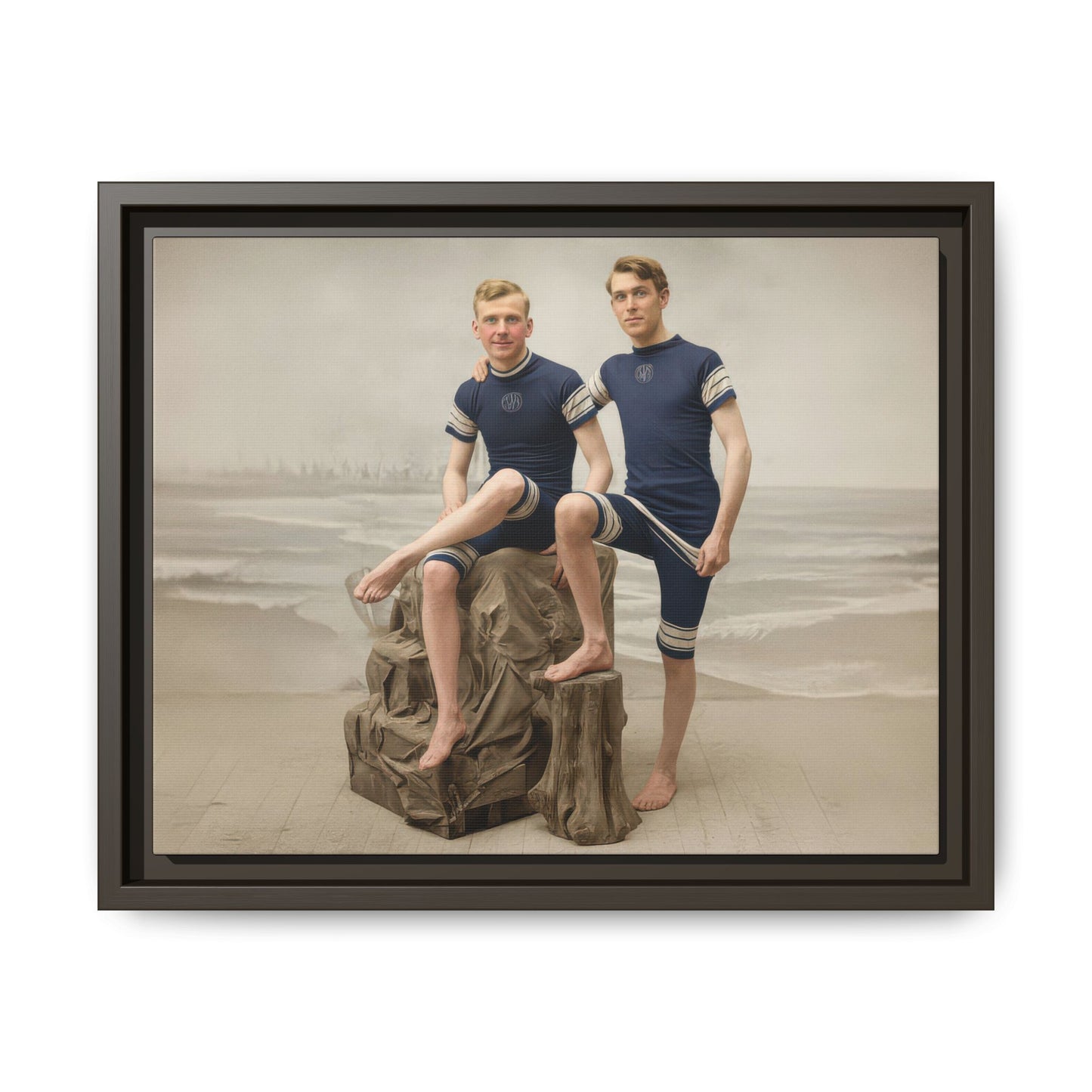 Early 20th-century seaside-themed portrait with two figures posed in matching athletic swimwear 