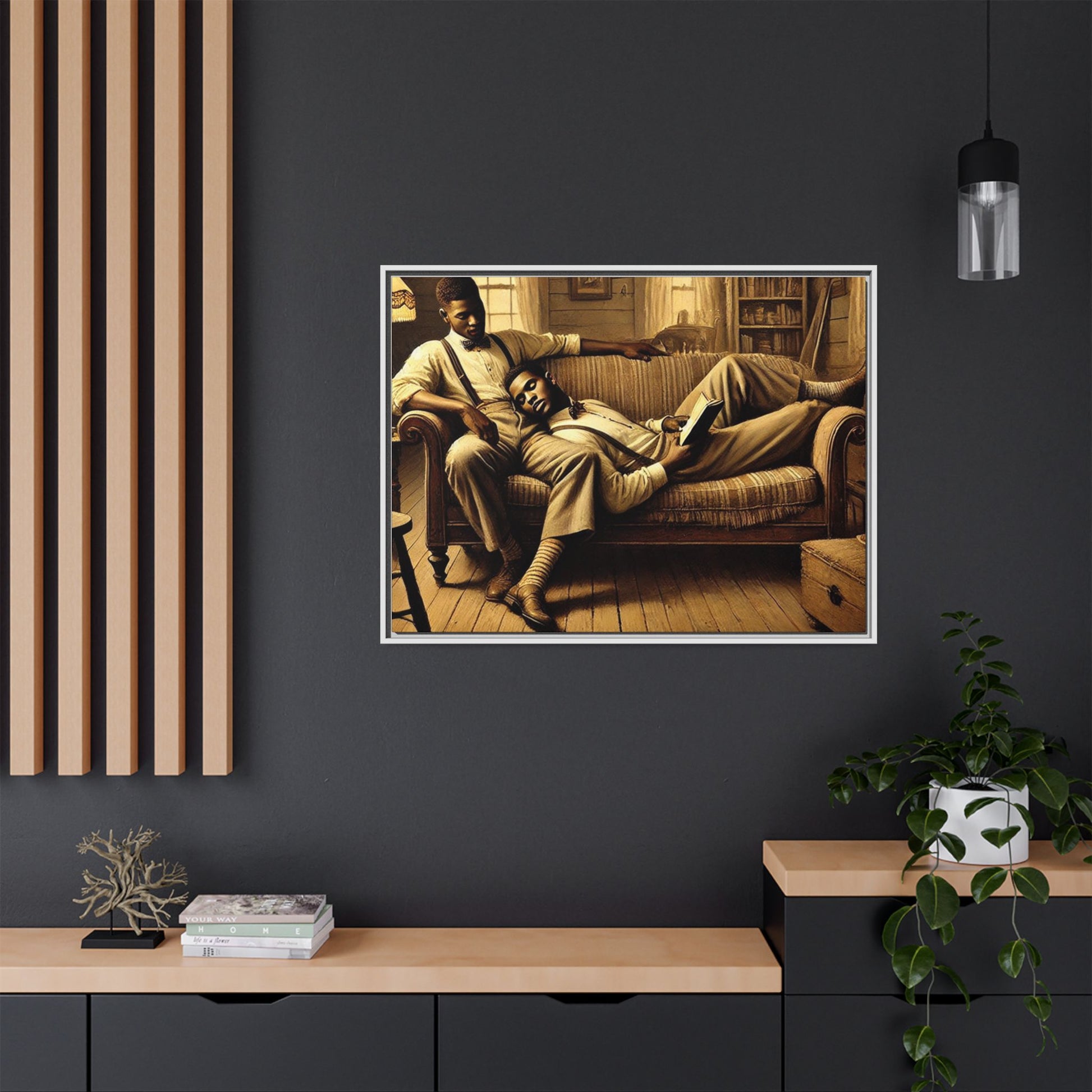 Framed artwork of an African-American gay couple sharing an intimate moment on a rustic sofa, inspired by Grant Wood’s style