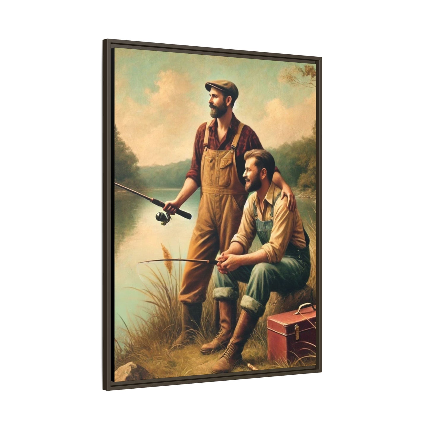 Vintage-style artwork of a gay couple fishing at a serene lakeside in the 1930s, celebrating love and rural life