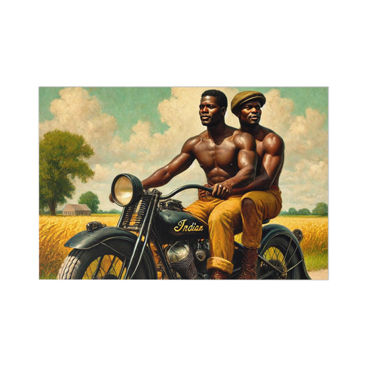 7-piece postcard set featuring an African-American gay couple riding a motorcycle through serene Iowa countryside.