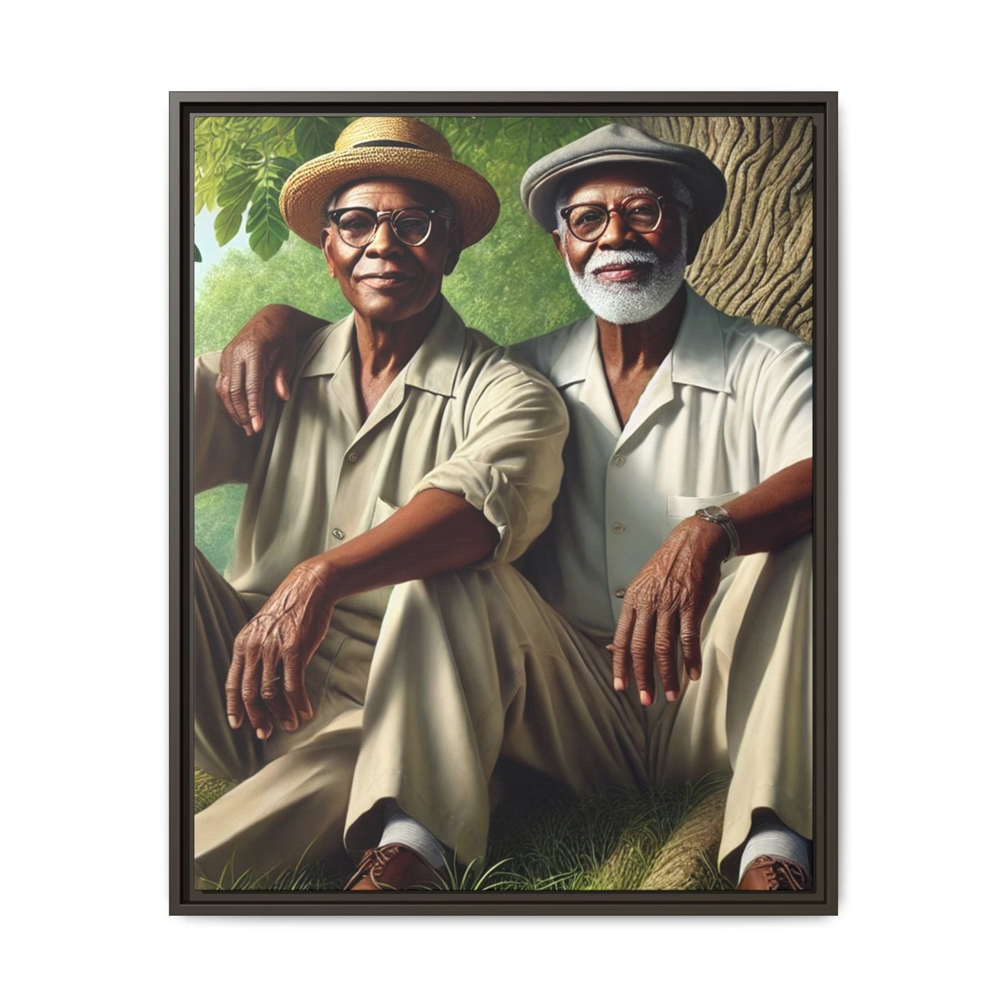 Framed artwork of a gay African-American couple in Cedar Rapids, Iowa, 1930s, celebrating love and resilience.