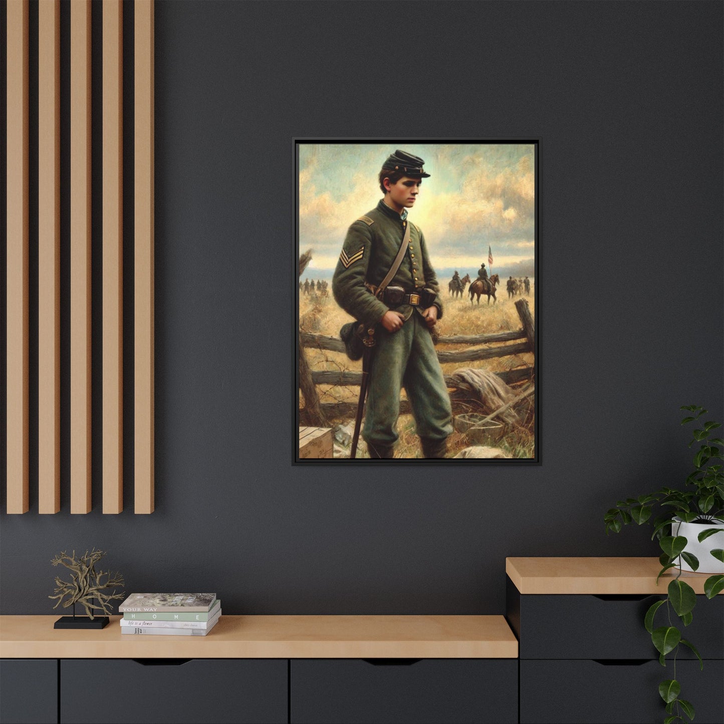 Framed artwork of a young Civil War Union soldier inspired by Walt Whitman’s Drum-Taps poems and Grant Wood's style, depicting battlefield sacrifice, humanity, and historical charm.