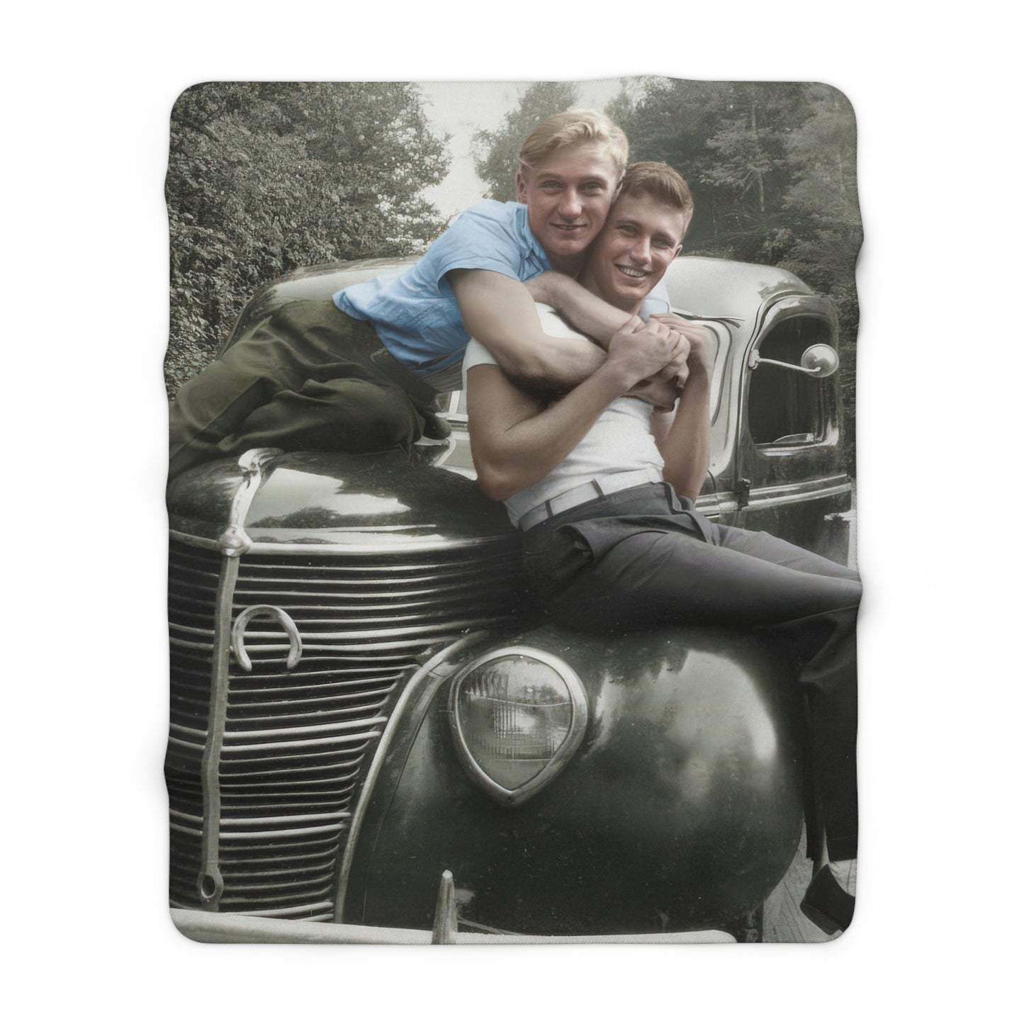 Cozy fleece throw with restored historical car portrait in a wooded roadside 
