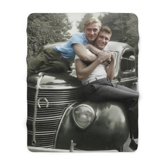 Cozy fleece throw with restored historical car portrait in a wooded roadside 