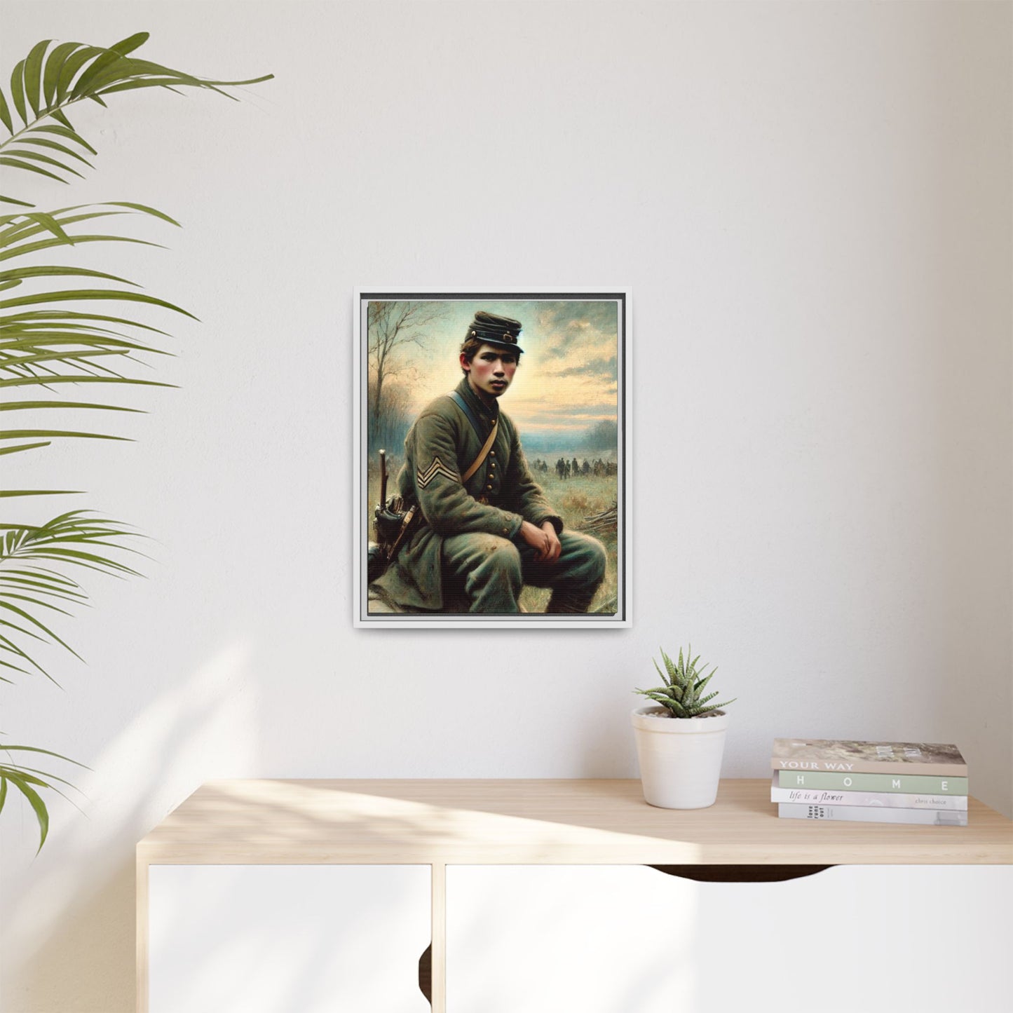 Framed artwork of a Civil War Union soldier inspired by Walt Whitman’s Leaves of Grass and Drum-Taps, depicting themes of sacrifice, strength, and vulnerability amidst a 19th-century battlefield.