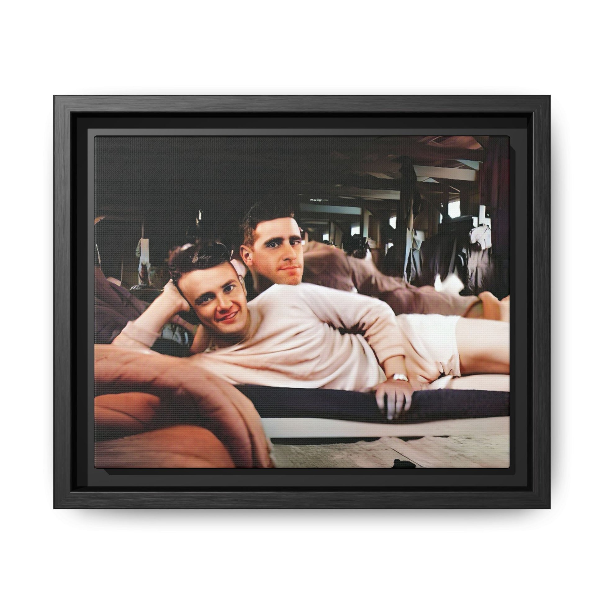 Restored 1940s photo of Jules & Seymour, a gay couple lounging together at Camp Campbell KY, framed matte canvas art.