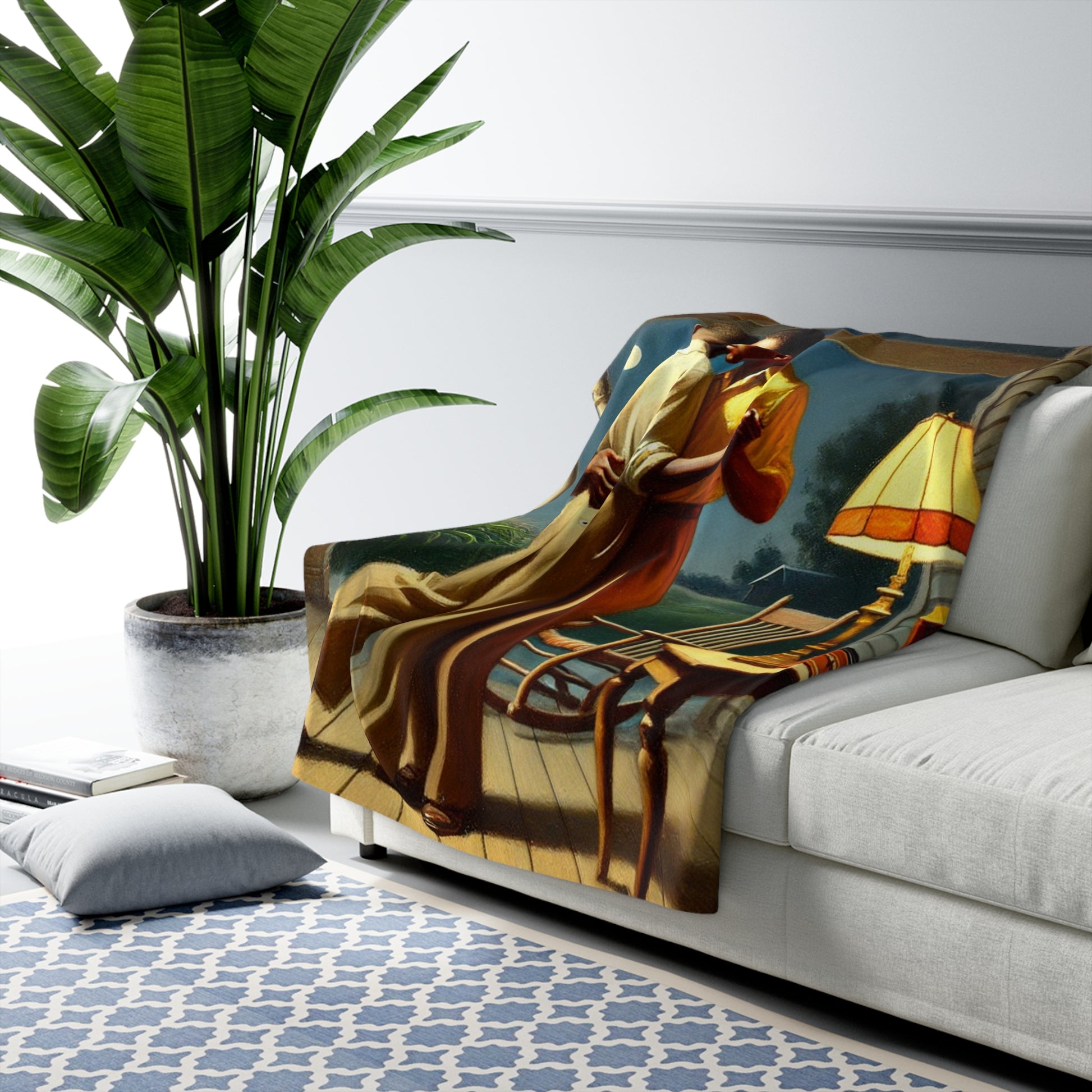 Art-inspired sherpa blanket with two African American men in a rural nocturnal figurative scene 