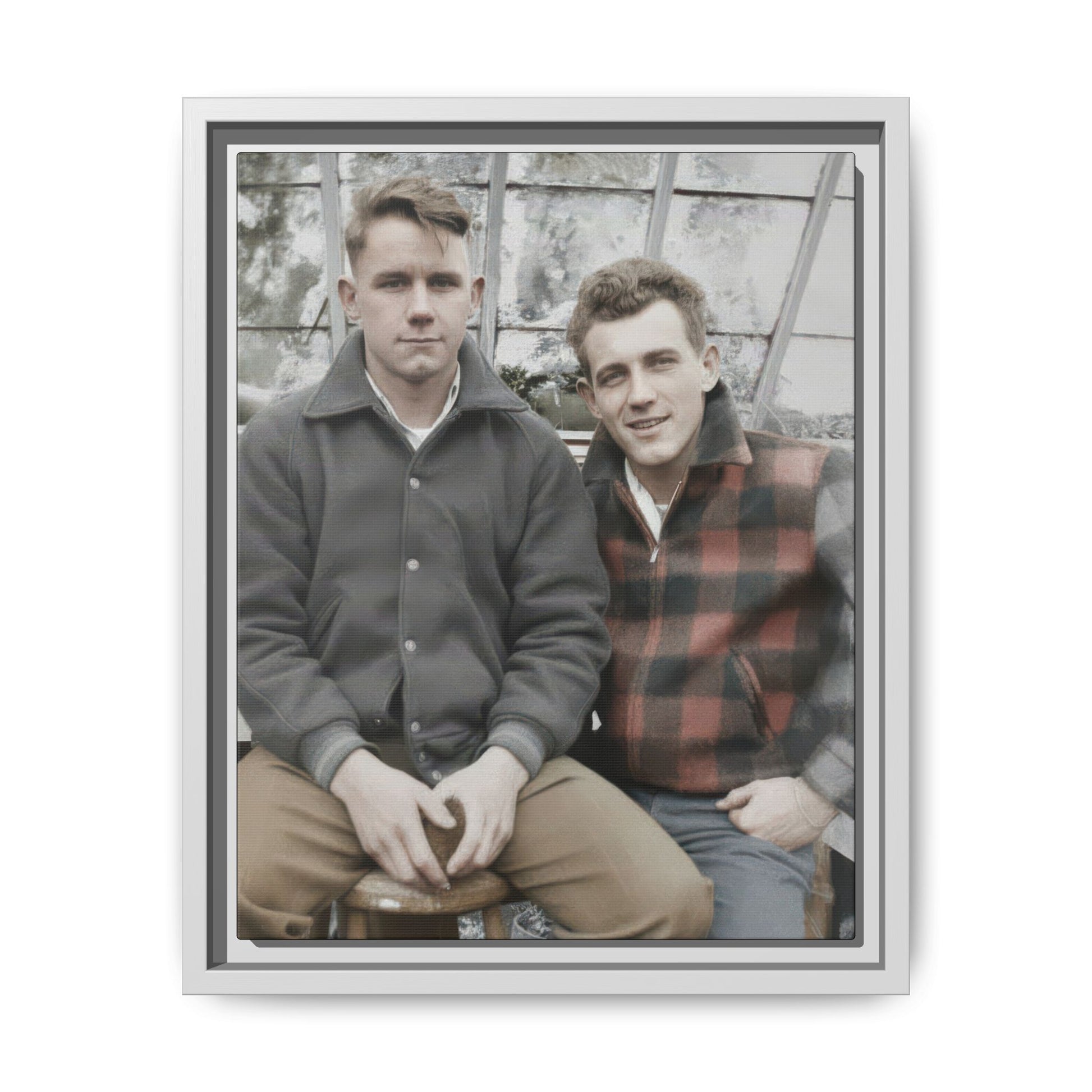 Historical companion portrait in greenhouse setting reproduced as framed canvas print