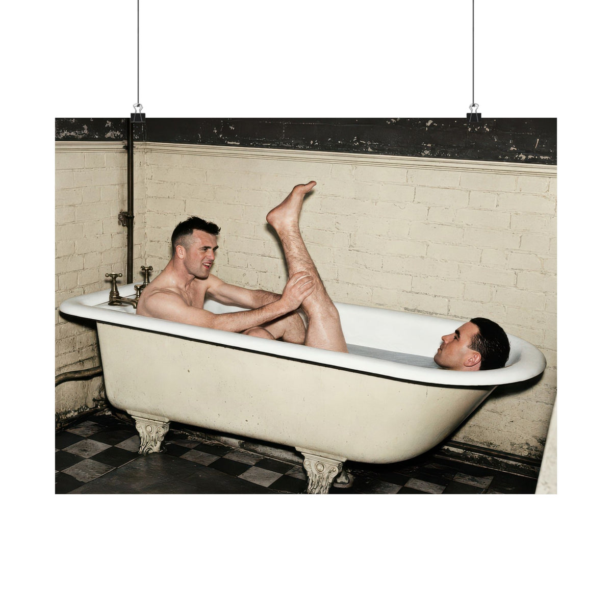 Vintage photography poster reproducing a circa 1935–1950 photograph of two men in a freestanding bathtub.