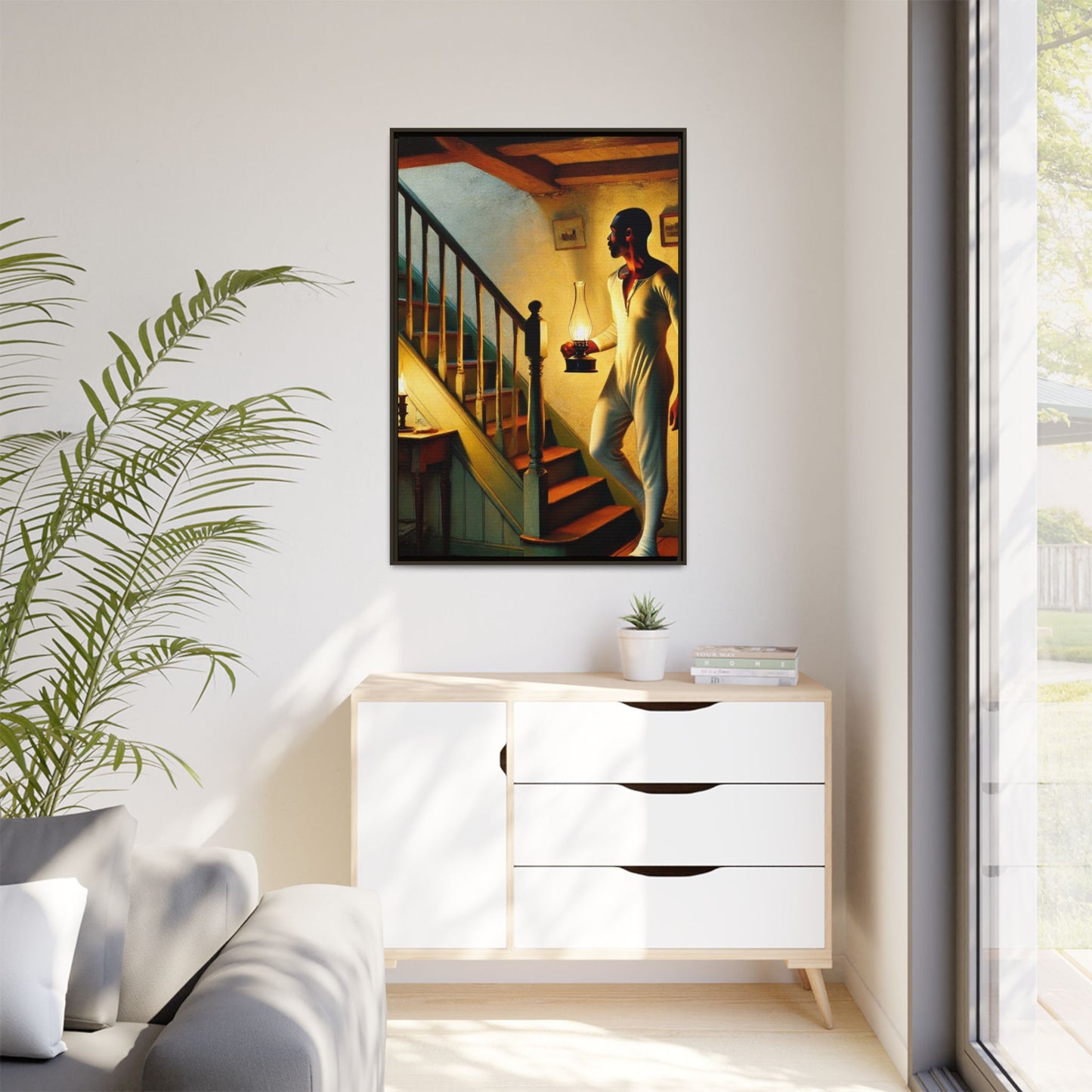 Framed artwork of an African-American man holding a lantern on a staircase, inspired by Grant Wood's style.