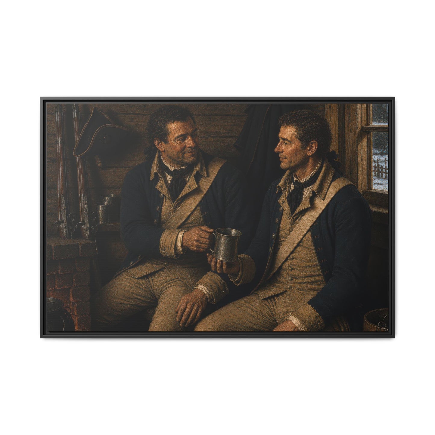 Historically inspired Revolutionary War canvas showing two Continental Army soldiers in winter quarters exchanging a pewter mug beside a fireplace.