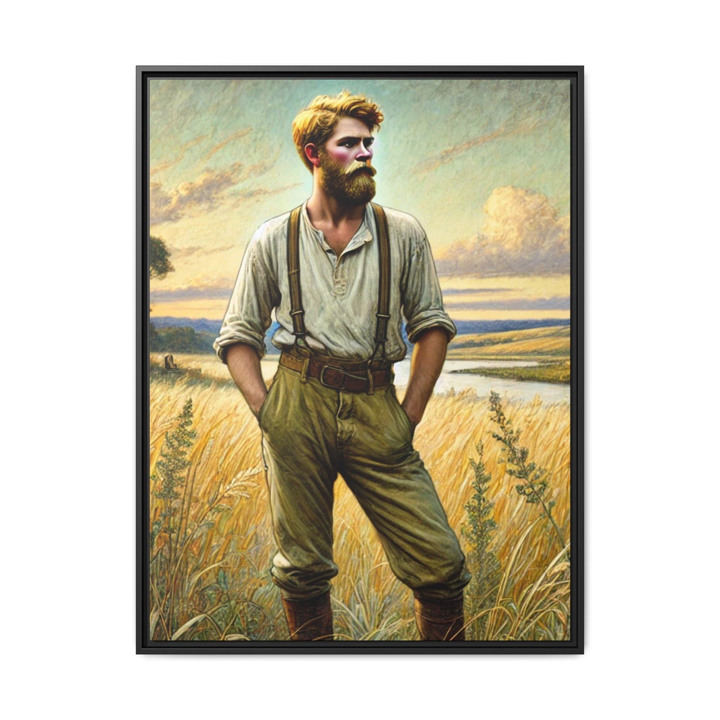 Framed artwork of a confident farmer in 19th-century attire, standing in a golden wheat field, inspired by Walt Whitman’s Song of Myself in Leaves of Grass.