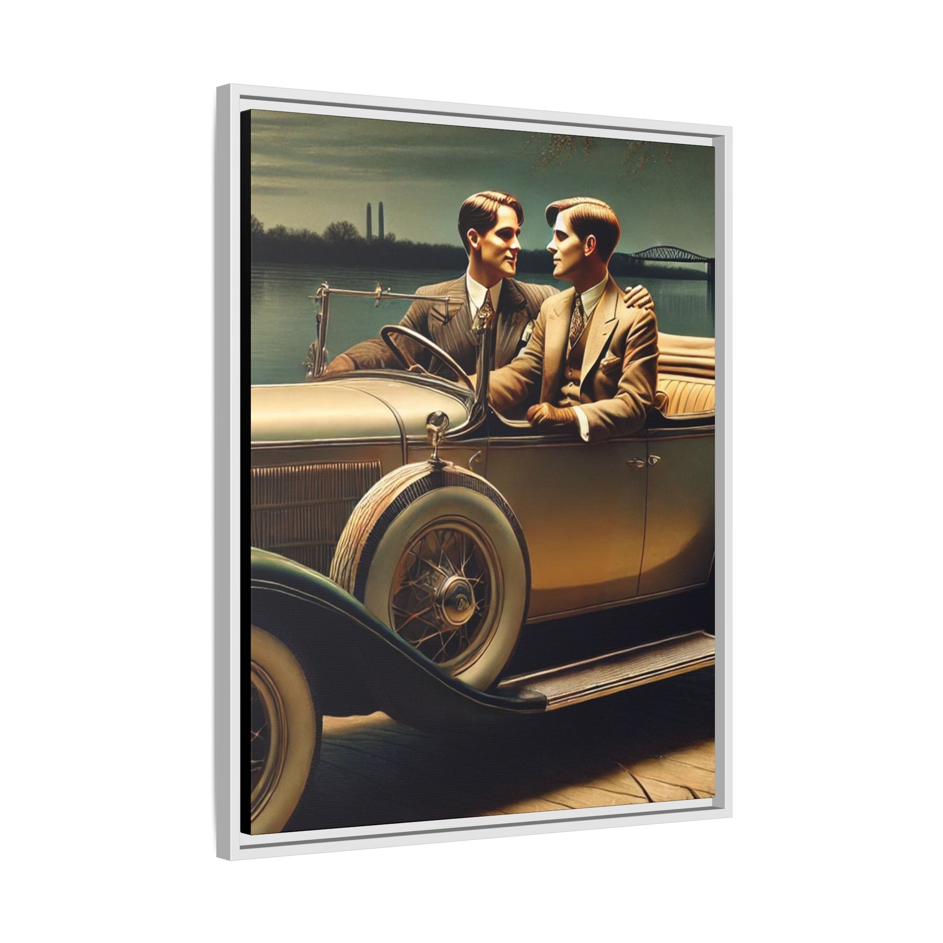 Vintage-style artwork of a gay couple in a 1930 Packard car by the Mississippi River under moonlight, celebrating love and history.