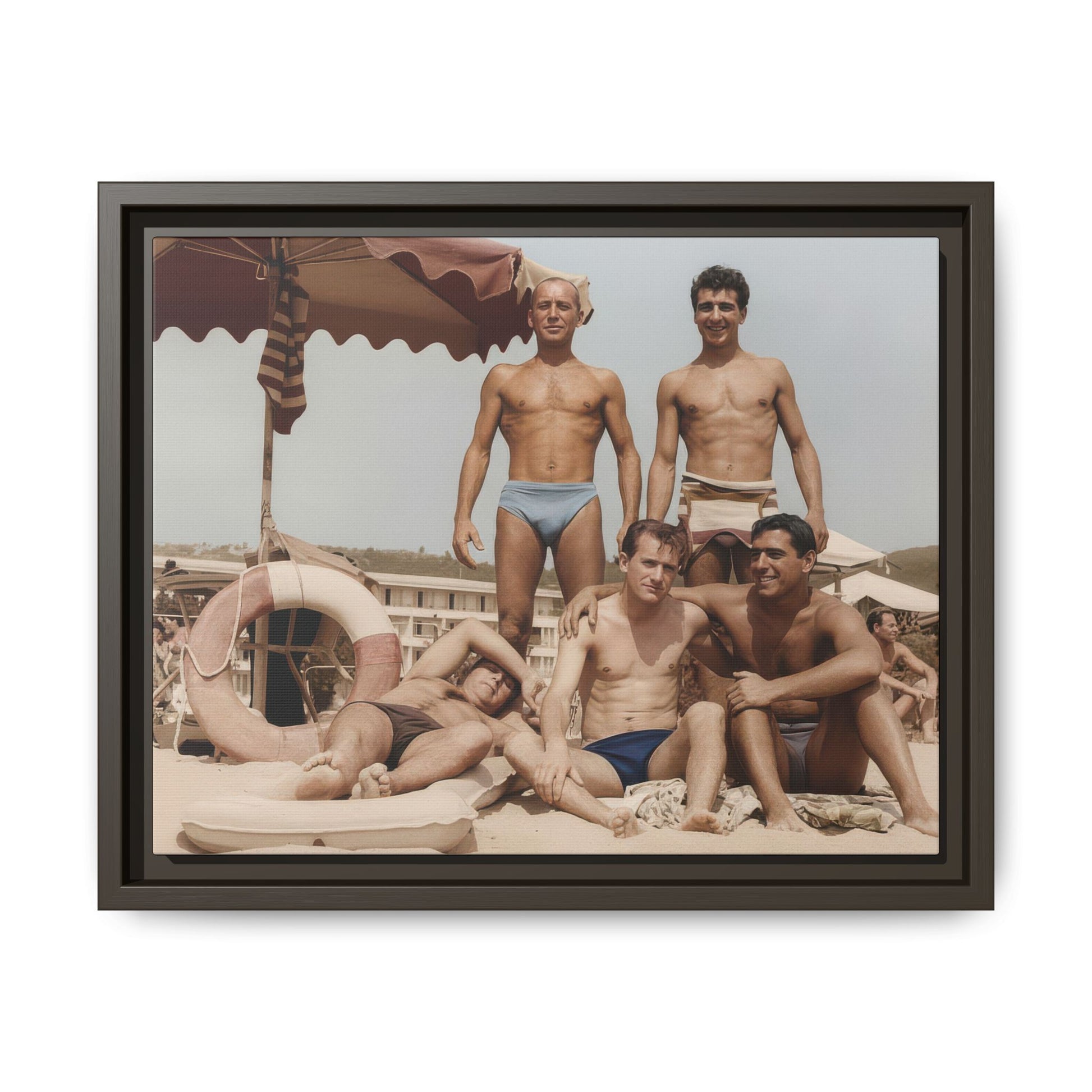 Framed matte canvas reproduction of early 20th-century beach leisure photograph 