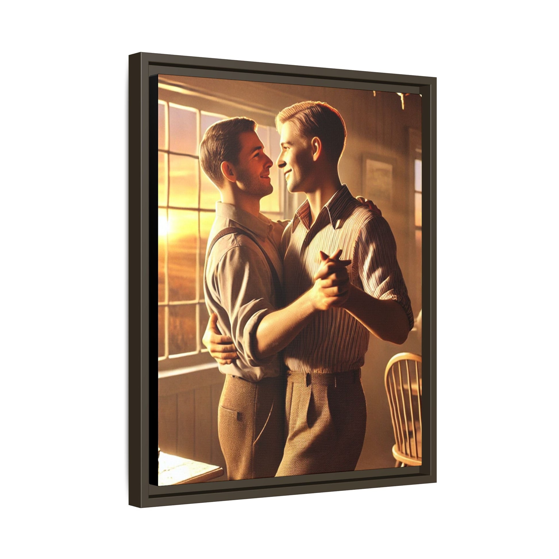 Art of a gay couple dancing in a sunlit dining room, inspired by Grant Wood’s Americana style and celebrating love.