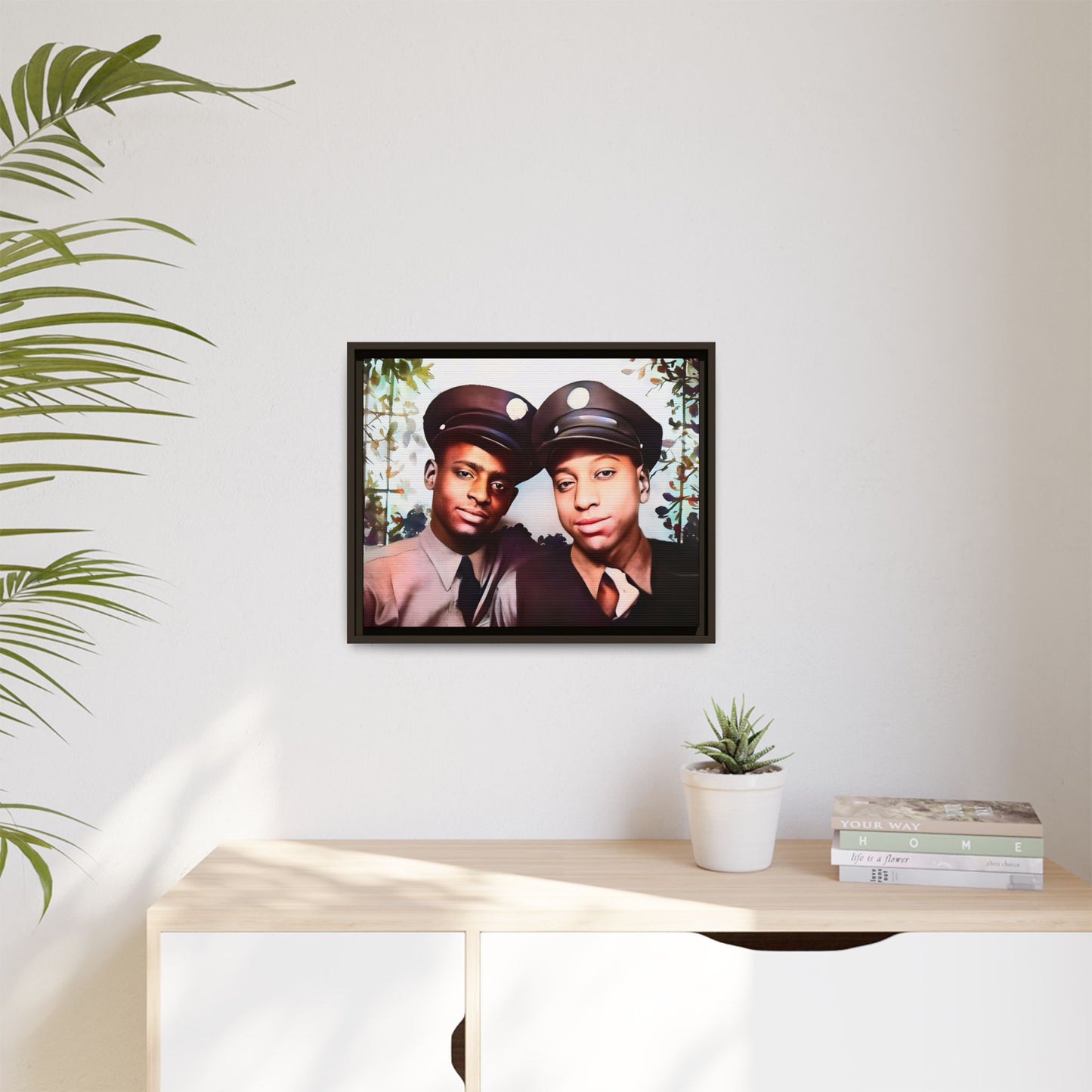 Restored vintage photo of Deion & Marcus, an African-American couple in uniforms, Lexington KY, framed canvas art