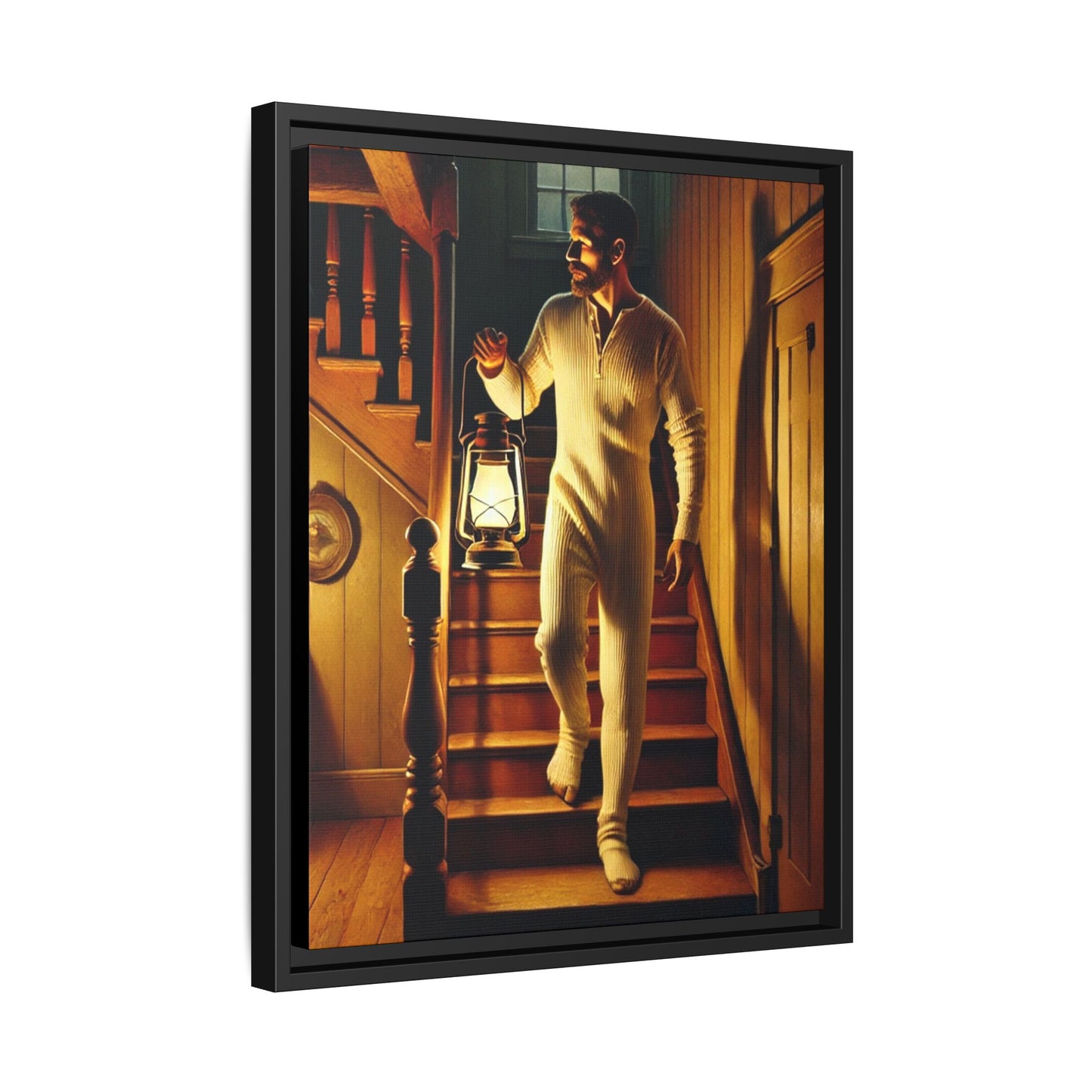 Atmospheric artwork of a man descending wooden stairs with a lantern, inspired by Grant Wood’s rural themes.