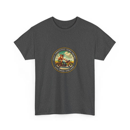 Celebrate queer Latinx pride with this bold vintage-inspired t-shirt from Walt & Pete®. Featuring two shirtless Latino men riding a motorcycle beneath the empowering text “Full Throttle. Zero Shame” and “Live Proud. Ride Loud,” this shirt honors LGBTQ+ love, freedom, and fearless self-expression.