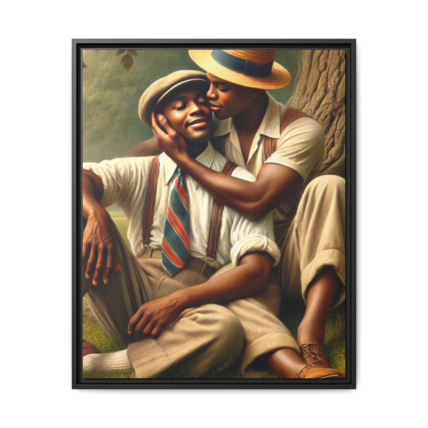 Hyper-realistic artwork of an African-American gay couple in 1930s vintage attire under a leafy tree, celebrating love and resilience.