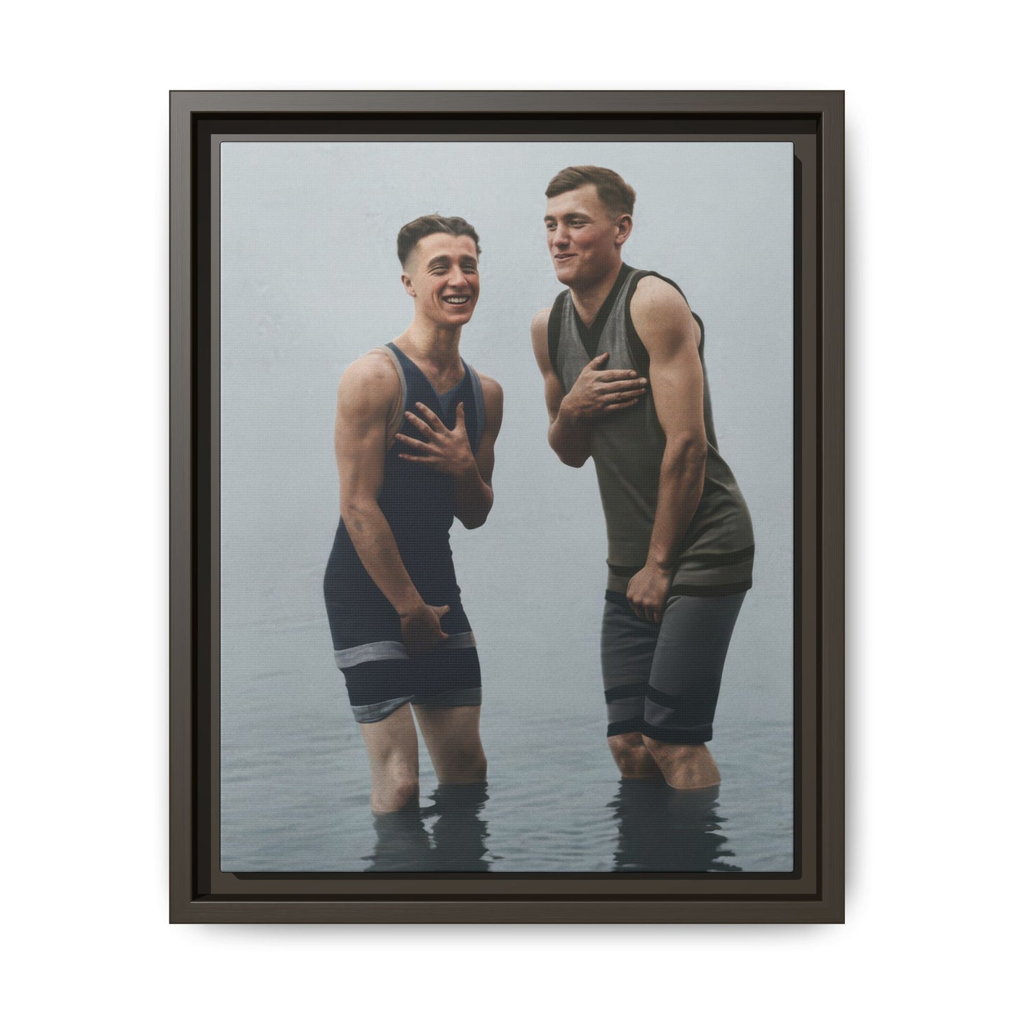 Framed matte canvas wall art showing an early 20th-century bathing portrait with two figures 