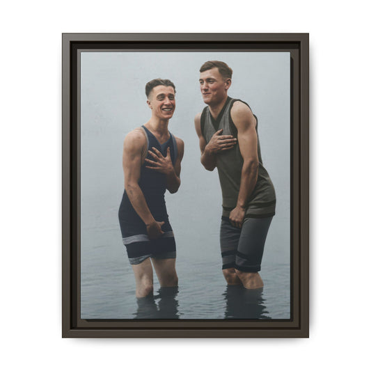 Framed matte canvas wall art showing an early 20th-century bathing portrait with two figures 
