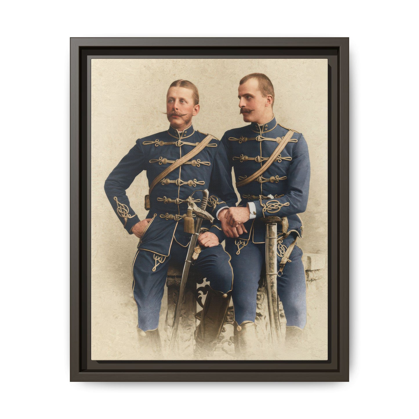 Early 20th century formal studio portrait with blue uniforms and ornate details