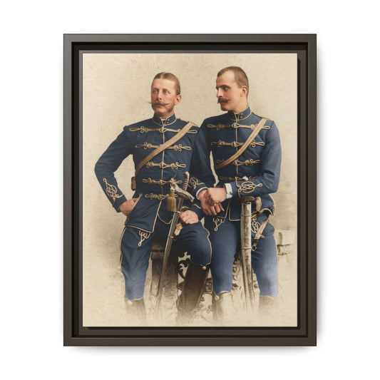 Early 20th century formal studio portrait with blue uniforms and ornate details