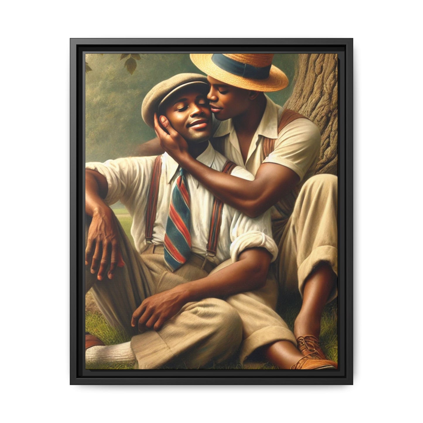 Hyper-realistic artwork of an African-American gay couple in 1930s vintage attire under a leafy tree, celebrating love and resilience.