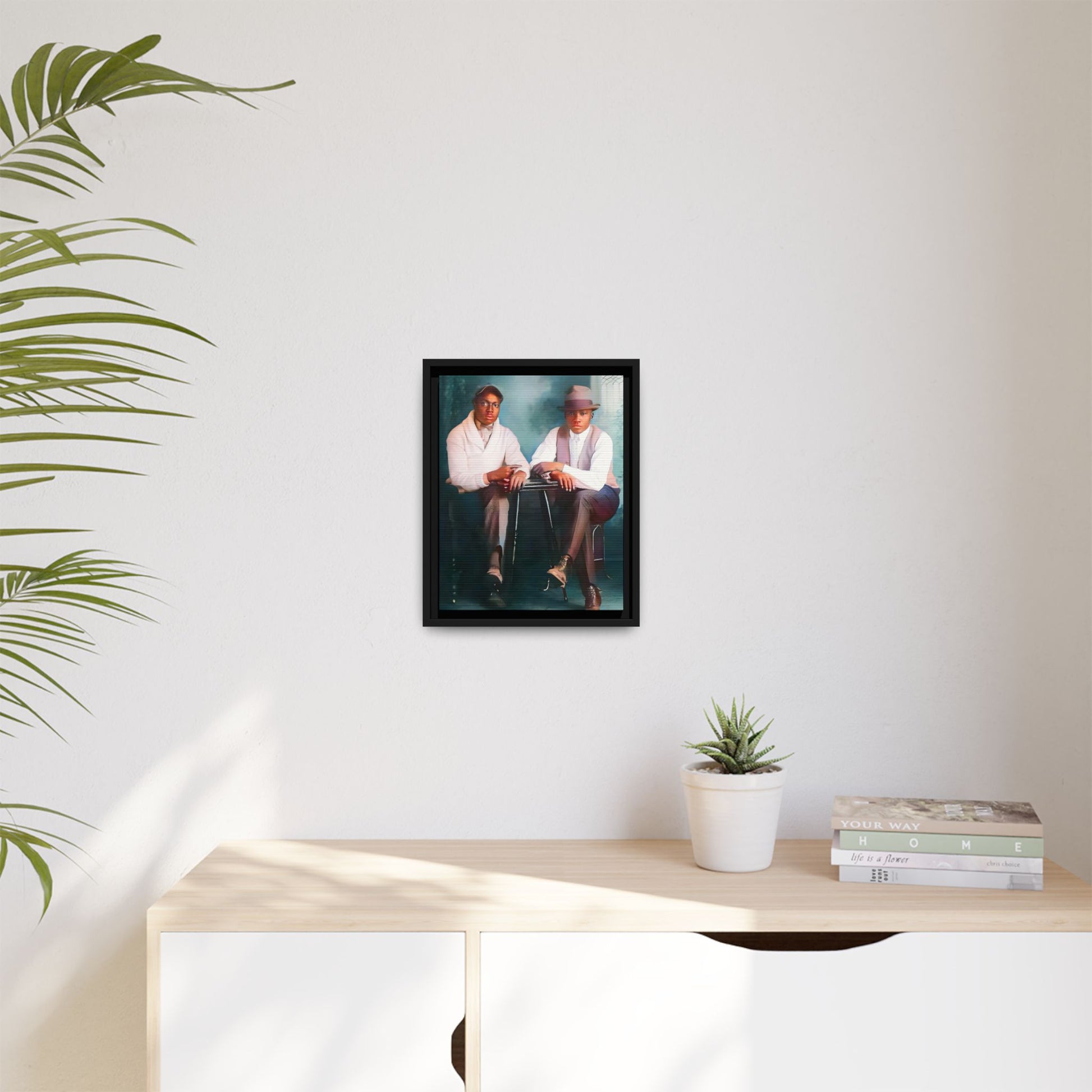 Restored vintage 1930s photo of Denzel & Jacob, African-American couple seated at a café in Little Rock AR, framed canvas art.