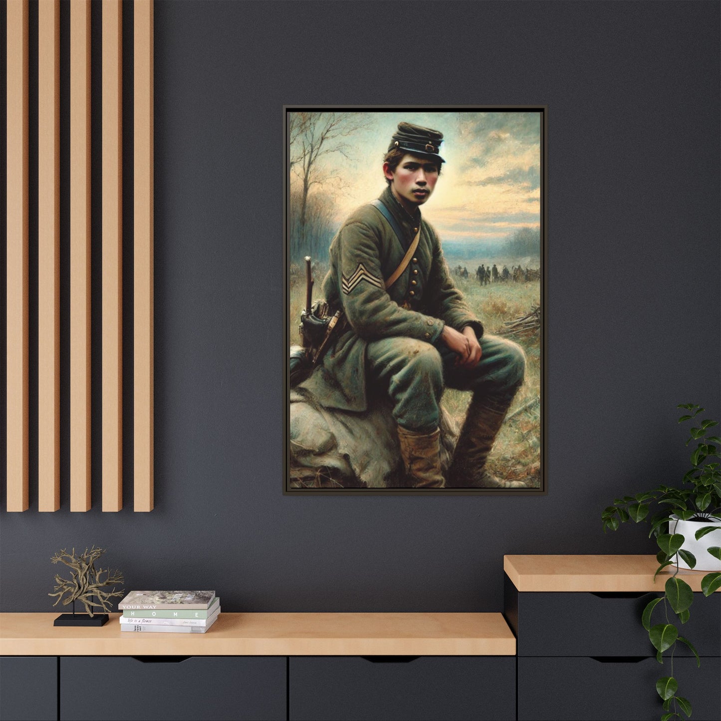 Framed artwork of a Civil War Union soldier inspired by Walt Whitman’s Leaves of Grass and Drum-Taps, depicting themes of sacrifice, strength, and vulnerability amidst a 19th-century battlefield.