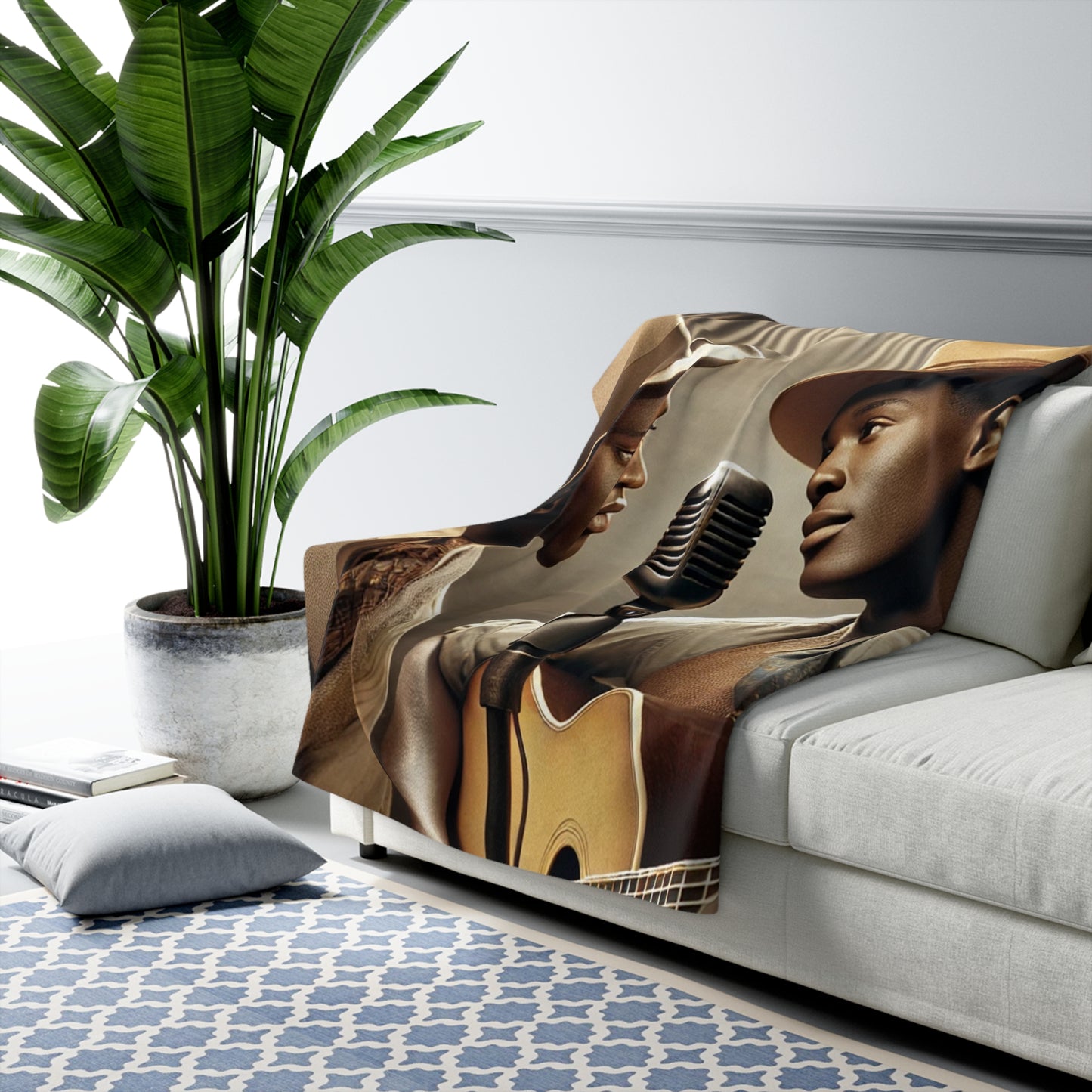 Decorative fleece blanket with warm theatrical performance scene and acoustic guitar 
