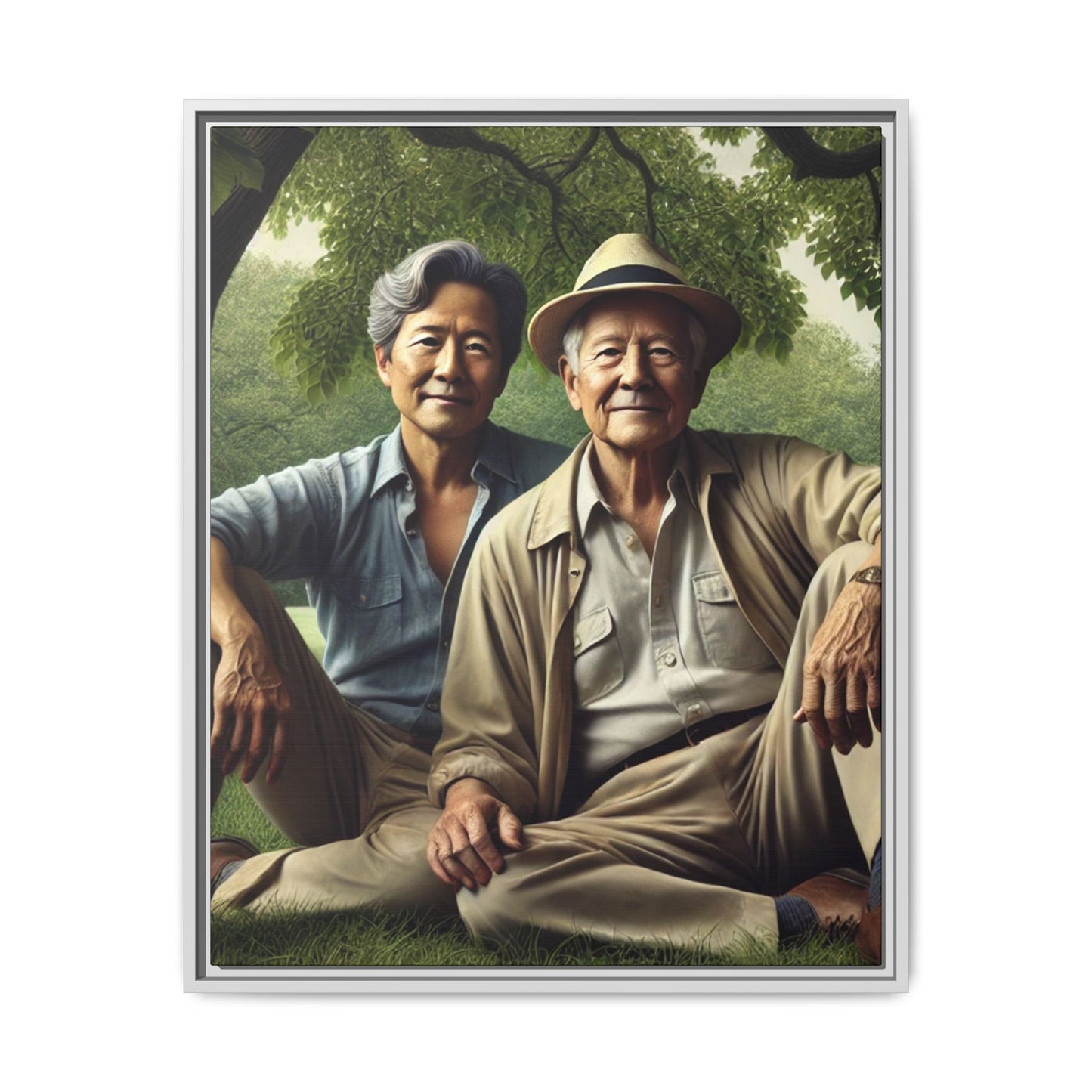 Hyper-realistic painting of an elderly Asian-American gay couple in 1930s attire under a leafy tree, celebrating love and resilience.