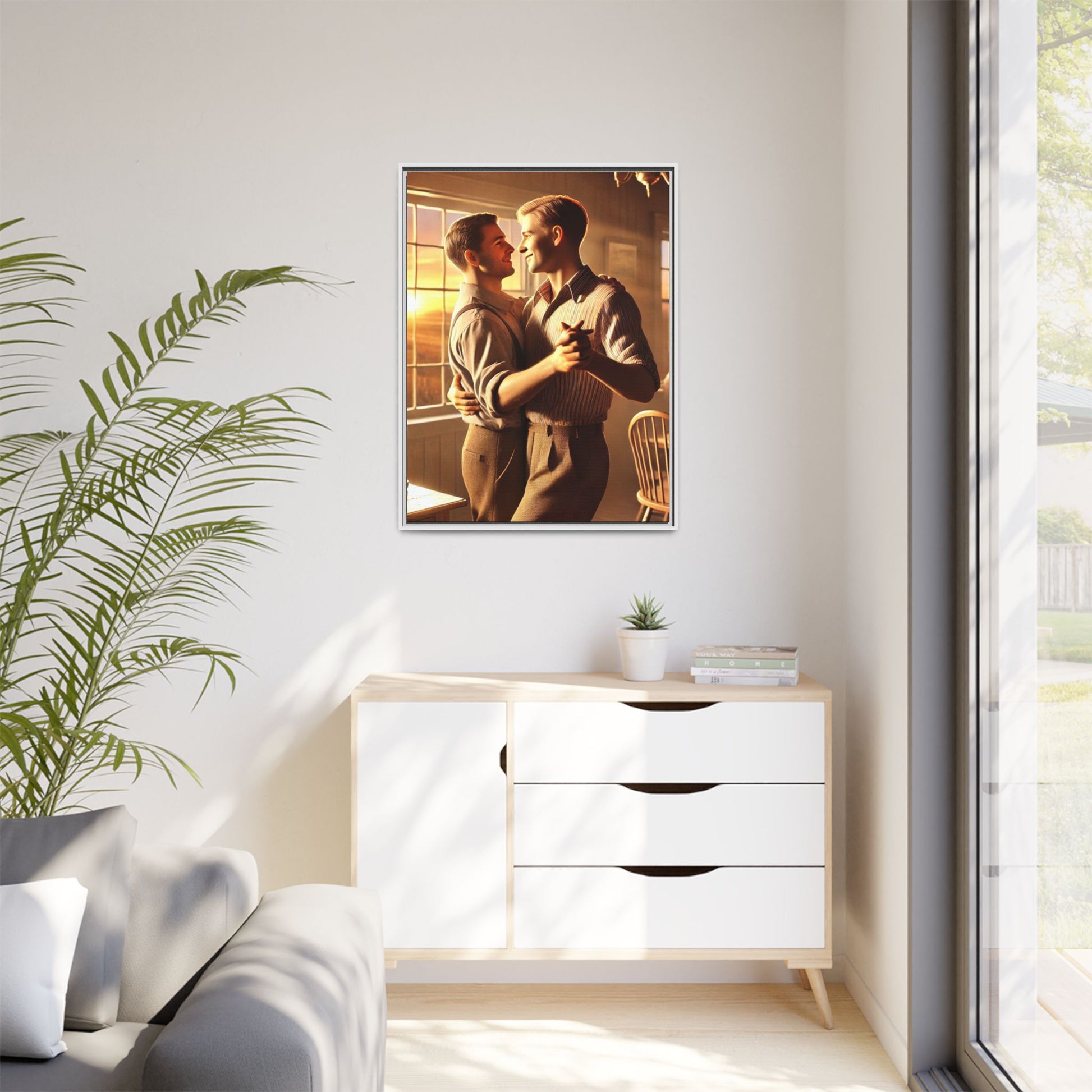 Art of a gay couple dancing in a sunlit dining room, inspired by Grant Wood’s Americana style and celebrating love.