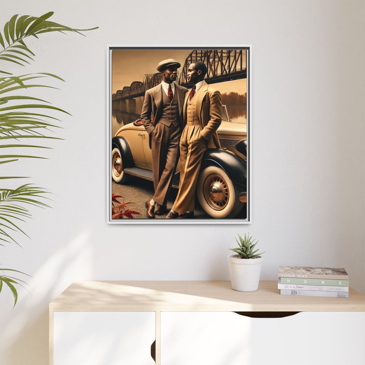 Vintage-style artwork of an African-American gay couple in the 1930s by the Mississippi River with a Packard car, celebrating love and resilience.