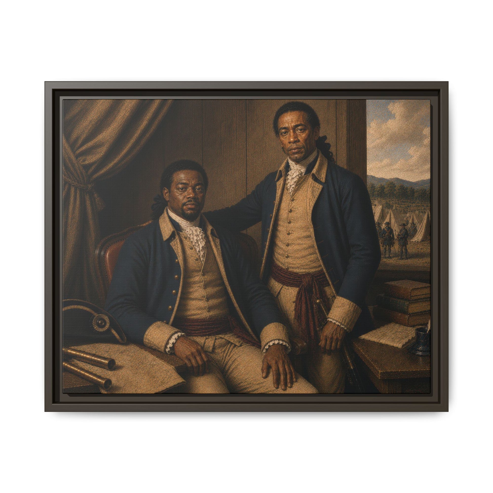 Two Black Revolutionary War figures posed with maps, books, and military planning materials inside a headquarters setting.