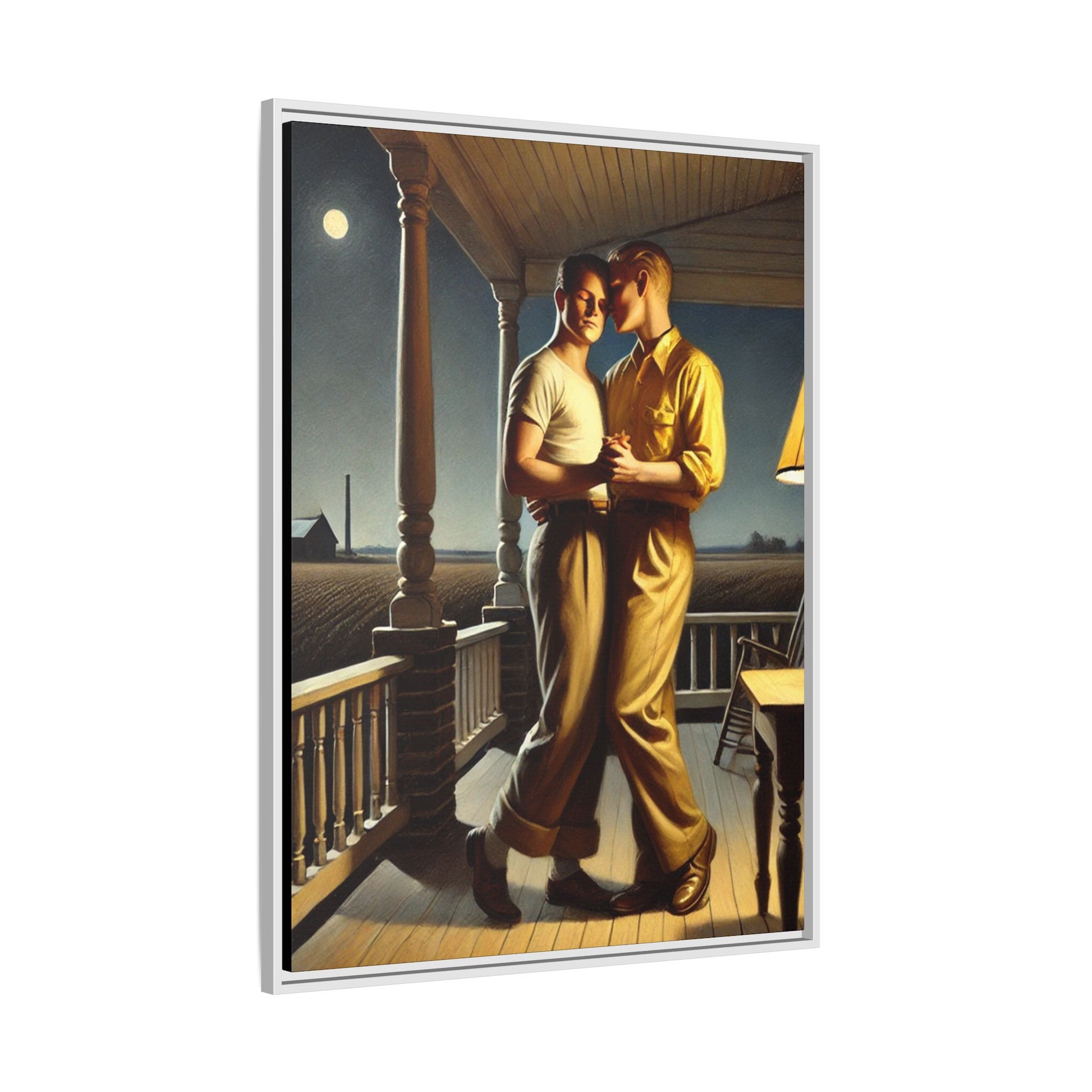 Artwork of a gay couple standing on a farmhouse porch under the moonlight, inspired by Grant Wood’s style.