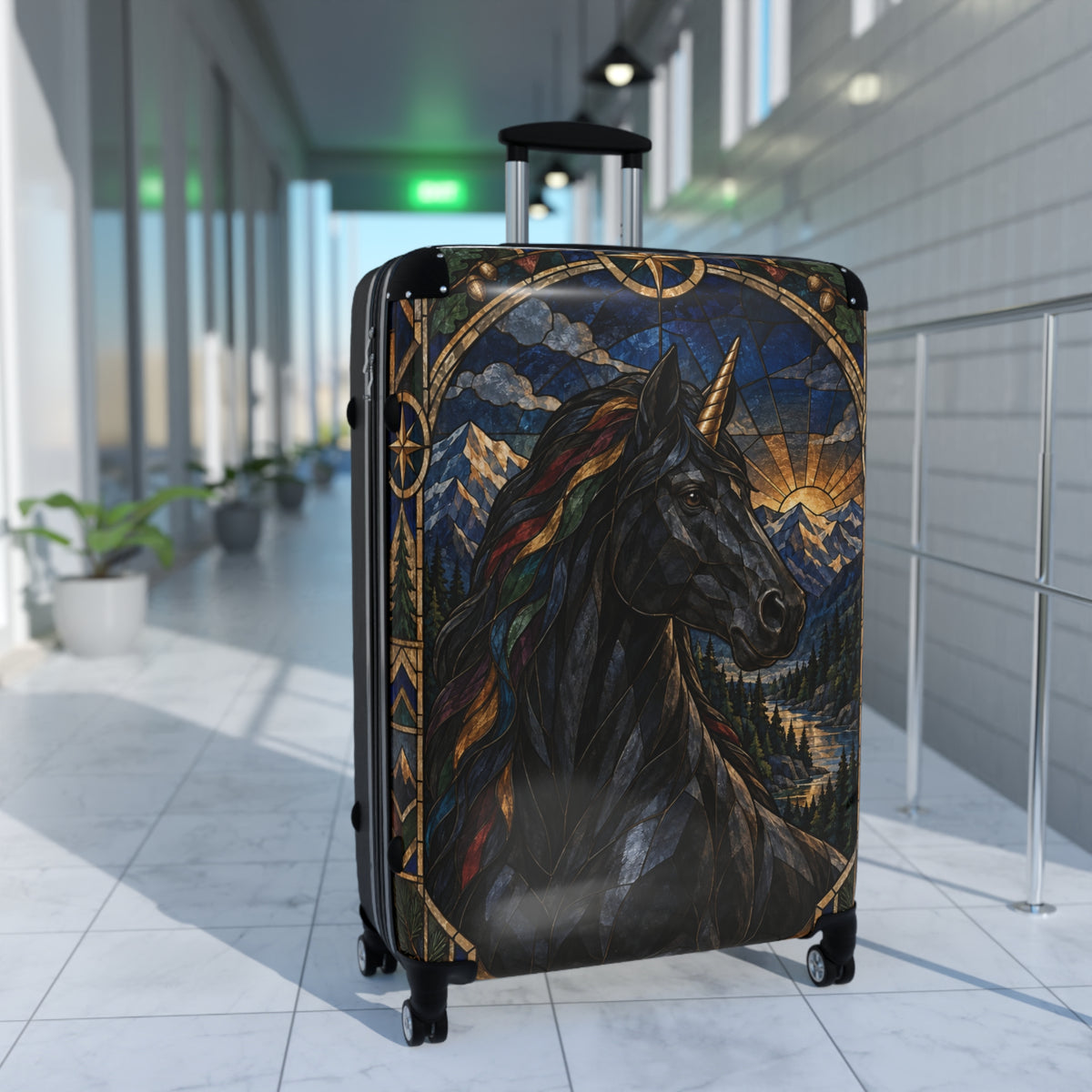 Guardian of the Rainbow Vale | Black Unicorn Stained-Glass Carry-On Suitcase