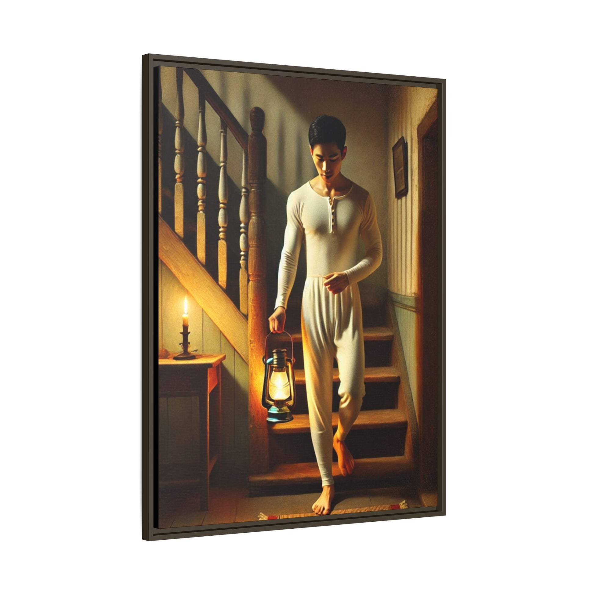 Framed artwork of an Asian-American man wearing long johns underwear holding a lantern on a staircase, inspired by Grant Wood’s style.