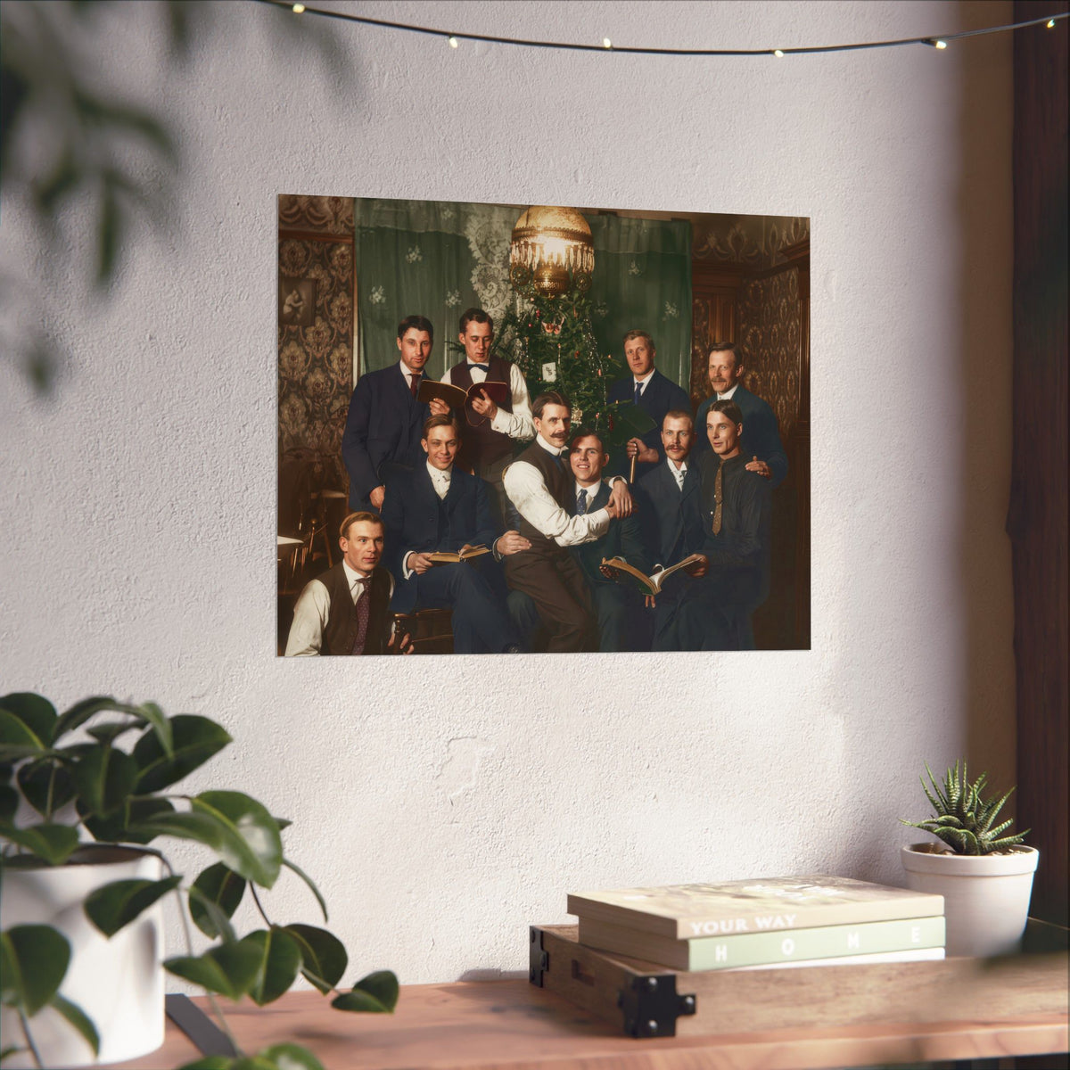 Hommes 001 | Nine Men with Books Beside a Christmas Tree | Vintage Photography Poster