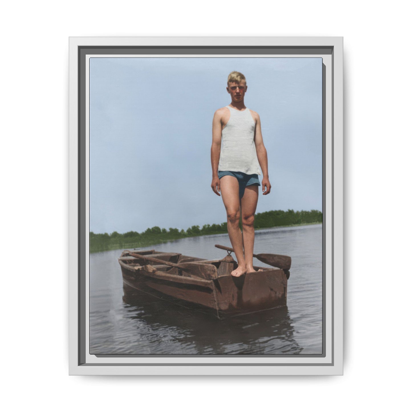 Vintage waterside photograph reproduced as framed matte canvas wall art 