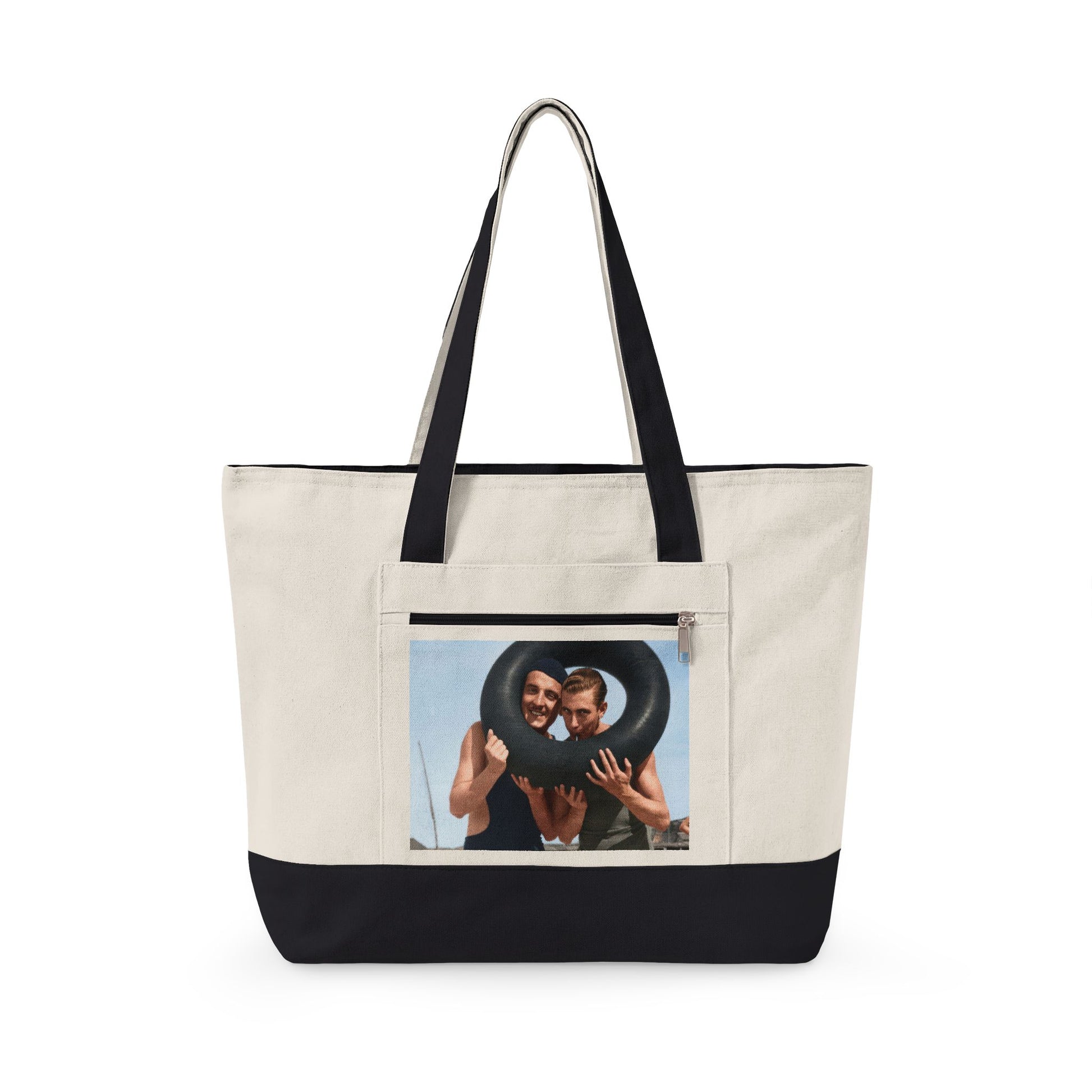 Zippered canvas tote with restored vintage beach photo of two men and swim tube 