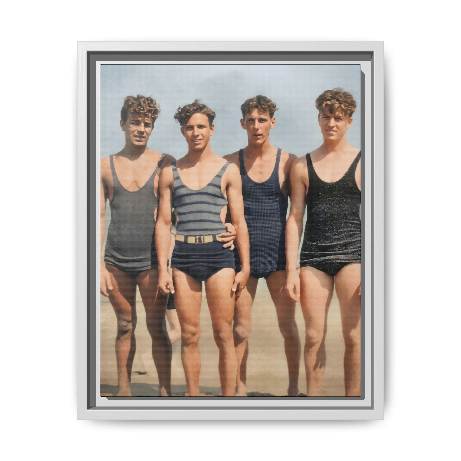 Vintage swimwear group photograph reproduced as framed canvas wall art 