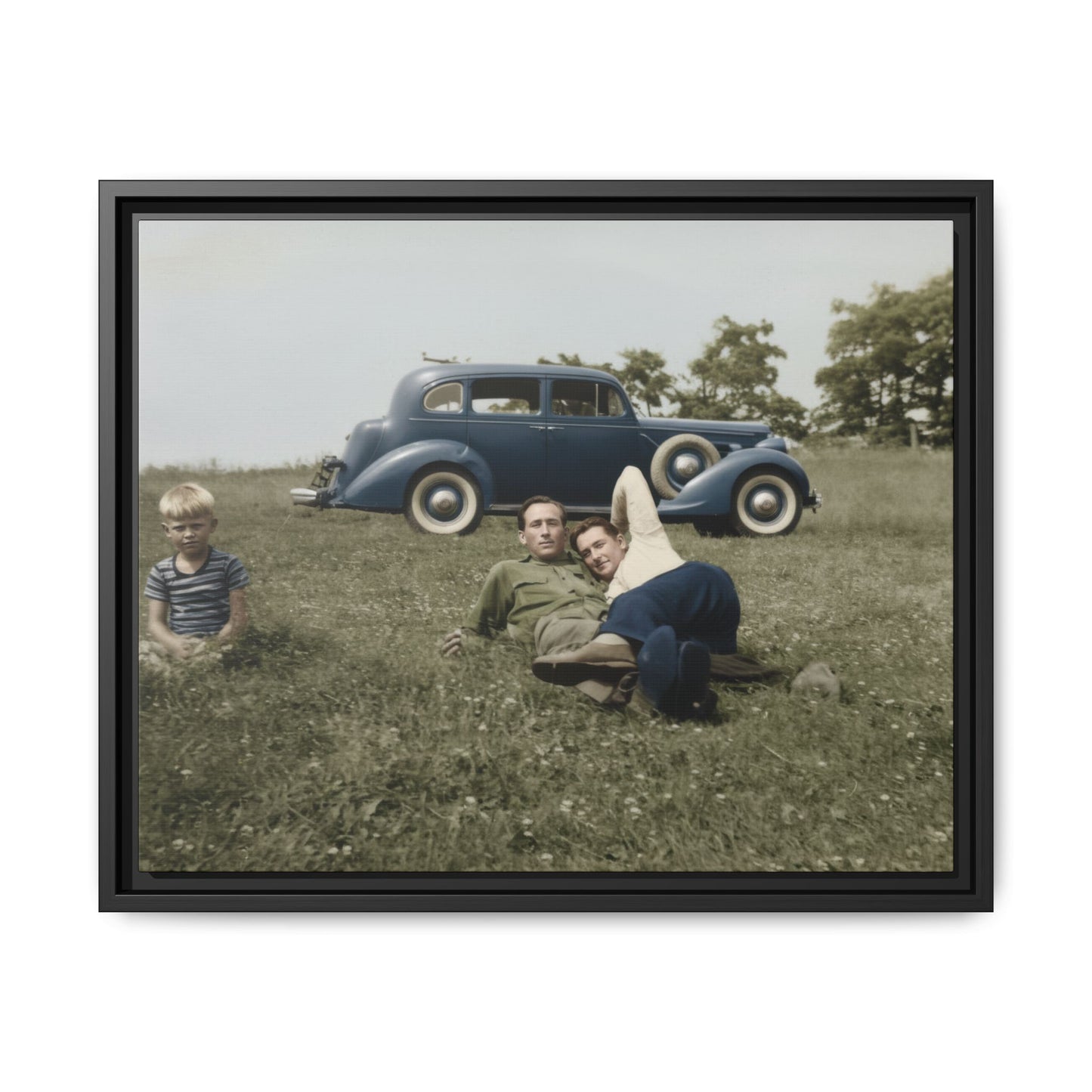 Historic outdoor photograph with automobile reproduced as framed canvas wall art