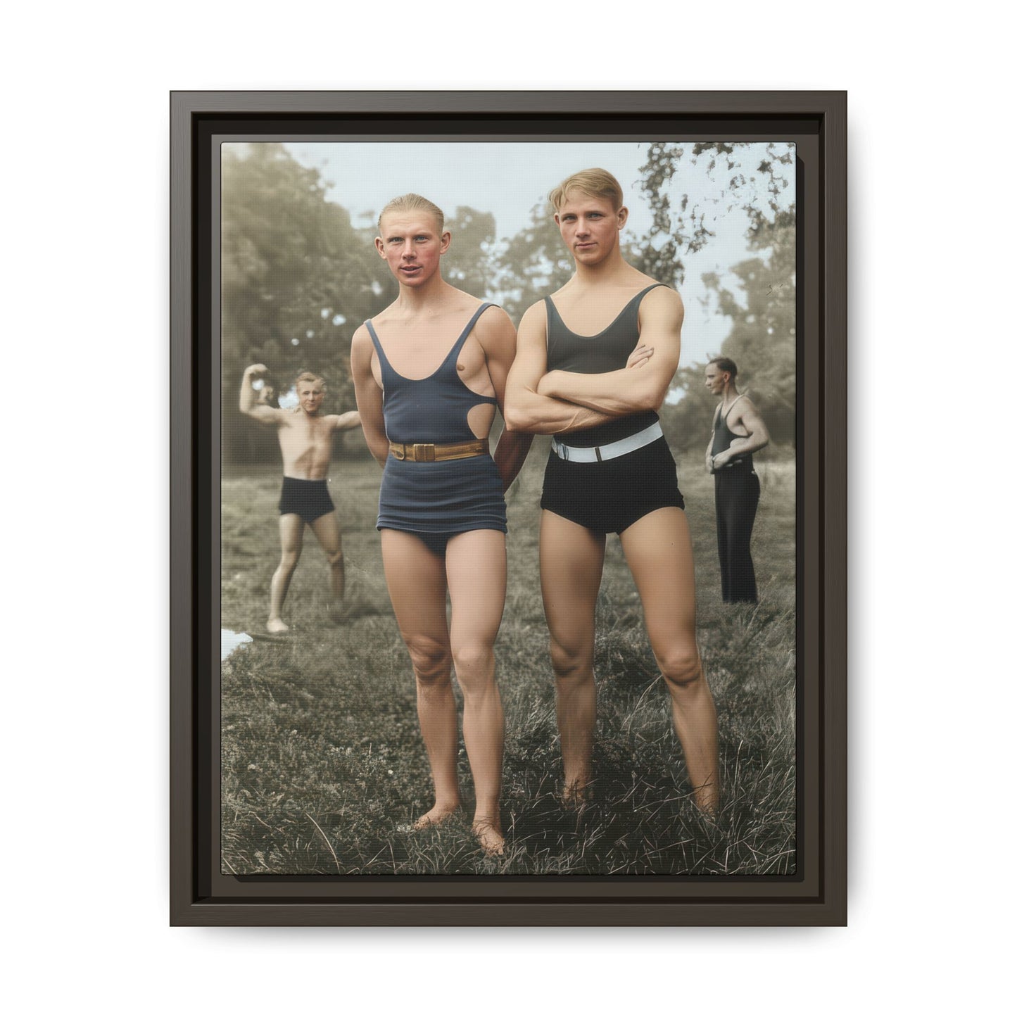 Historical bathing portrait with multiple figures in an open landscape reproduced as framed canvas wall art 