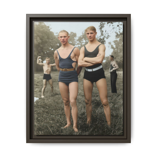 Historical bathing portrait with multiple figures in an open landscape reproduced as framed canvas wall art 