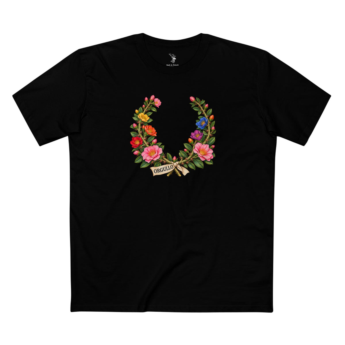 Dominican Bayahibe rose Pride laurel wreath with colorful flowers and turquoise ORGULLO text for dark shirts
