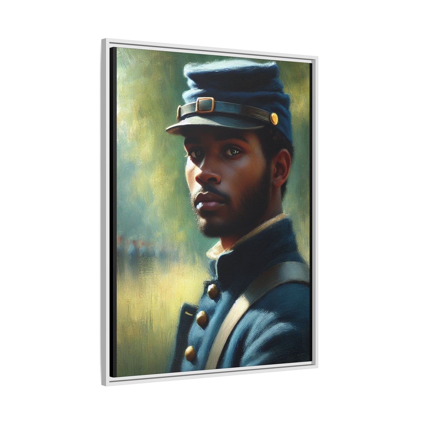 Portrait of an African American Civil War Union soldier in a kepi and navy wool coat, inspired by Walt Whitman’s Drum-Taps, honoring bravery, sacrifice, and resilience.