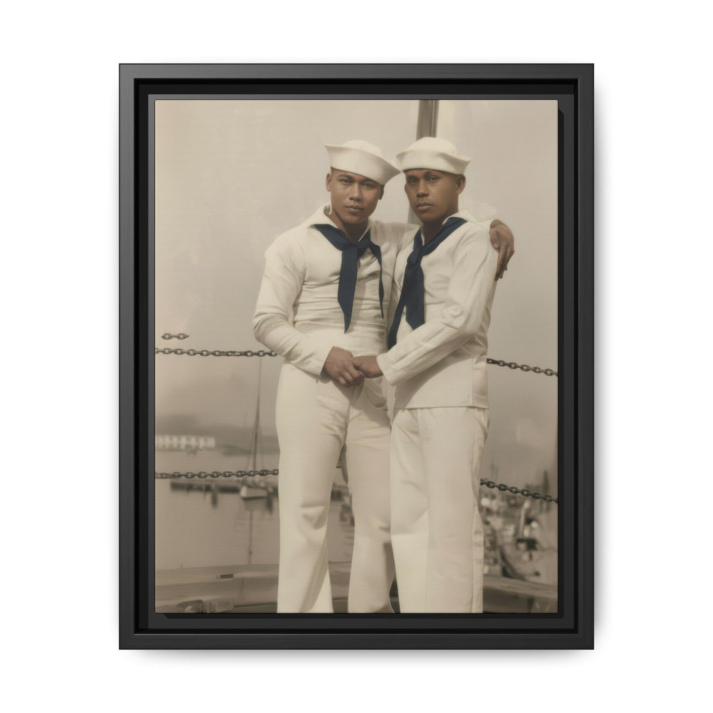Vintage double portrait of two sailors in white uniforms standing together on a ship deck with harbor in background